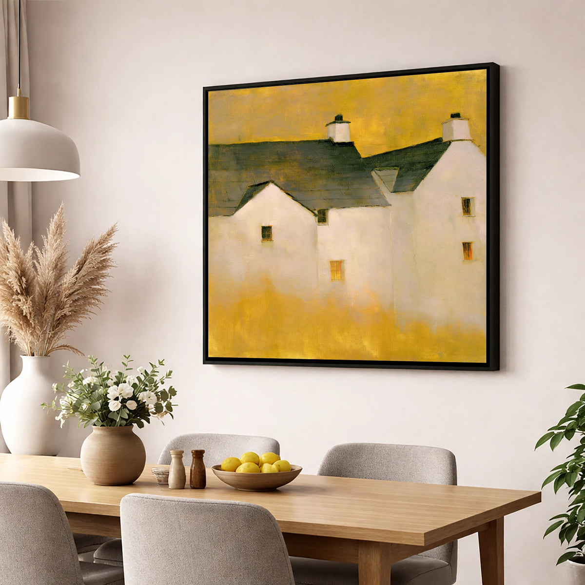 Slate Cottages In Golden Light lake district village wall art displayed in a dining room