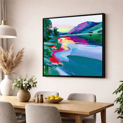 Vivid Mountain Lake Sunset lake district lake wall art displayed in a dining room