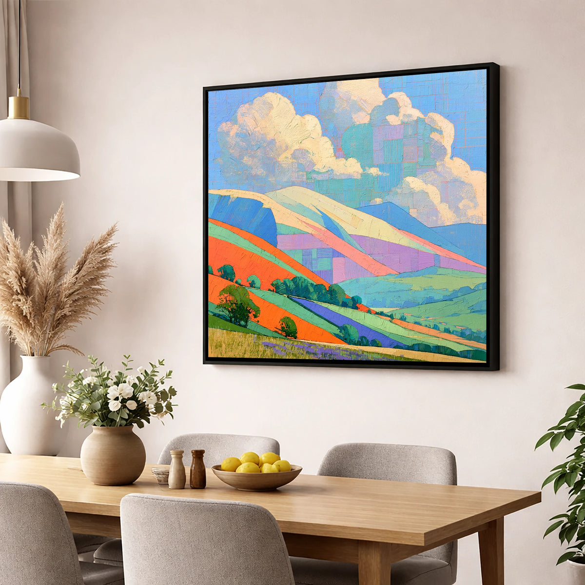 Vibrant Rolling Fells Under Cloud lake district fell wall art displayed in a dining room