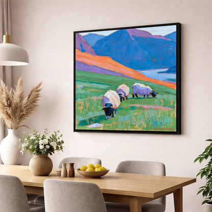 Herdwick Sheep on Colourful Fell lake district wildlife wall art displayed in a dining room