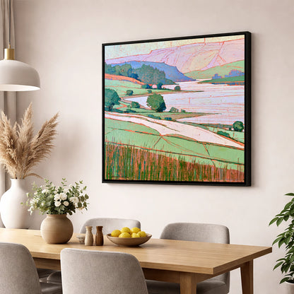 Vibrant Lake And Pastel Fells lake district lake wall art displayed in a dining room
