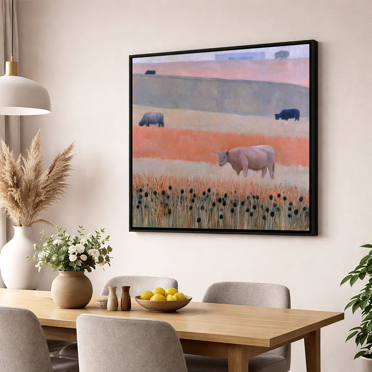 Highland Cattle in Pastel Fells lake district wildlife wall art displayed in a dining room
