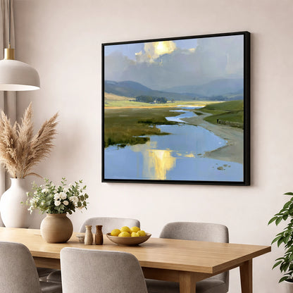 Winding River Below Rolling Fells lake district fell wall art displayed in a dining room