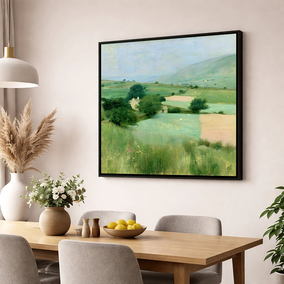 Patchwork Pastures in a Lakeland Dale lake district valley wall art displayed in a dining room