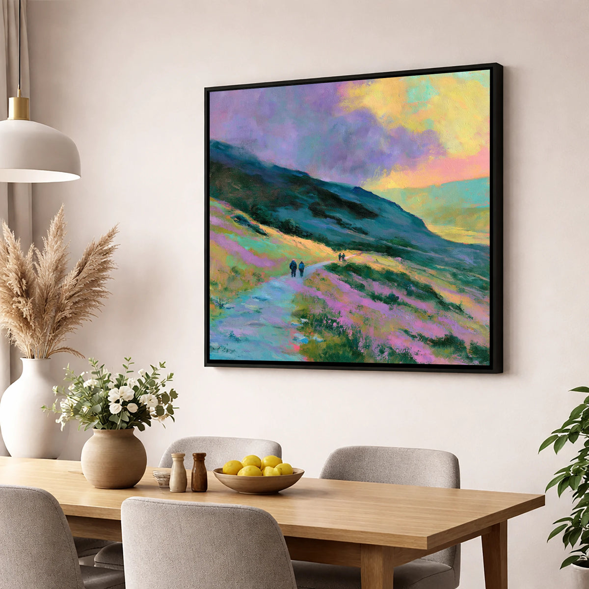 Walkers on Pastel Mountain Path lake district walking wall art displayed in a dining room