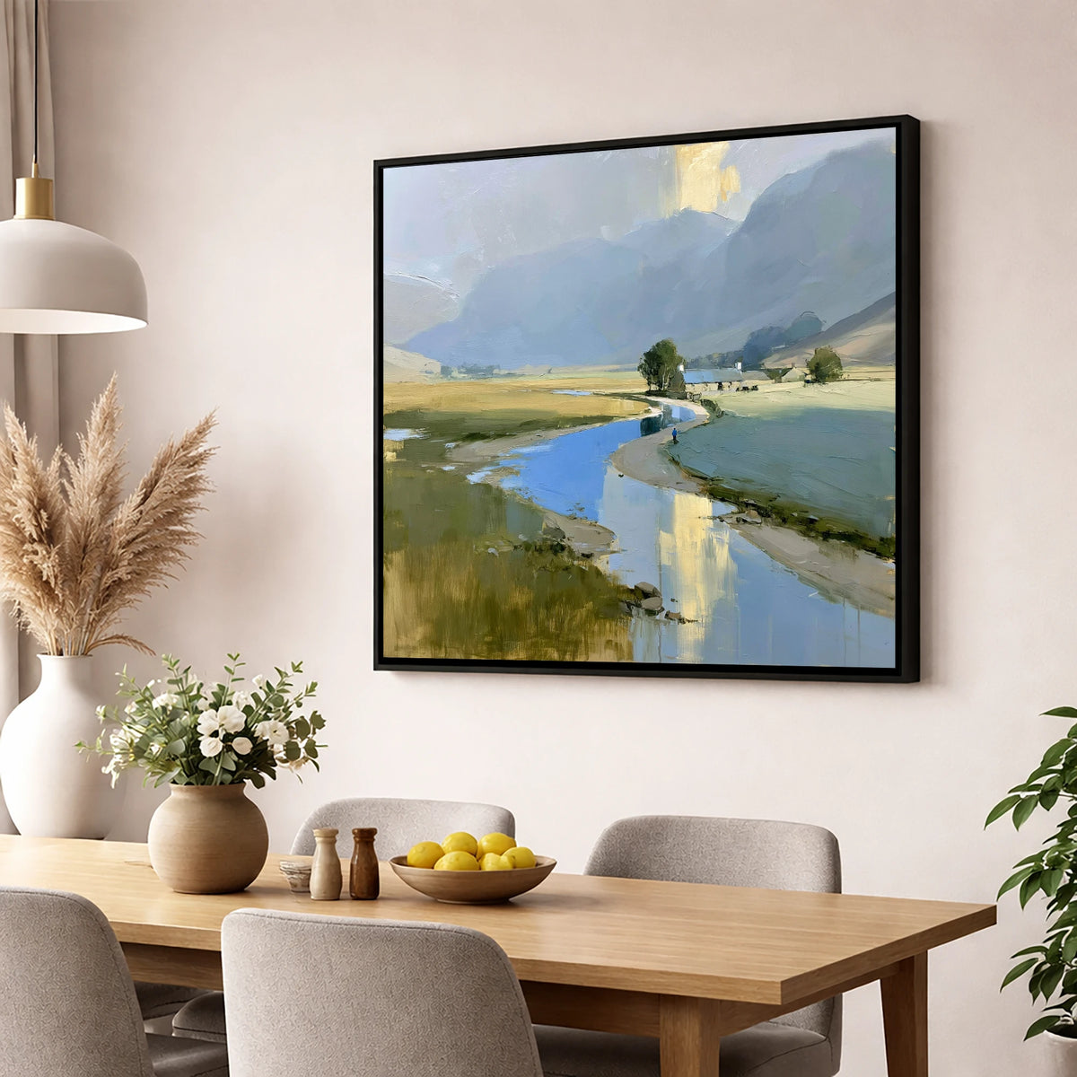 Golden Mist Over the Valley River lake district sky wall art displayed in a dining room