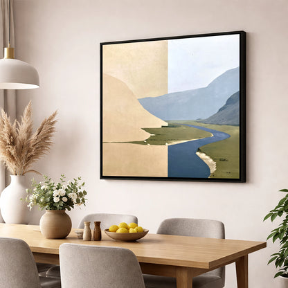 Meandering River through Ochre Valley Fells lake district valley wall art displayed in a dining room