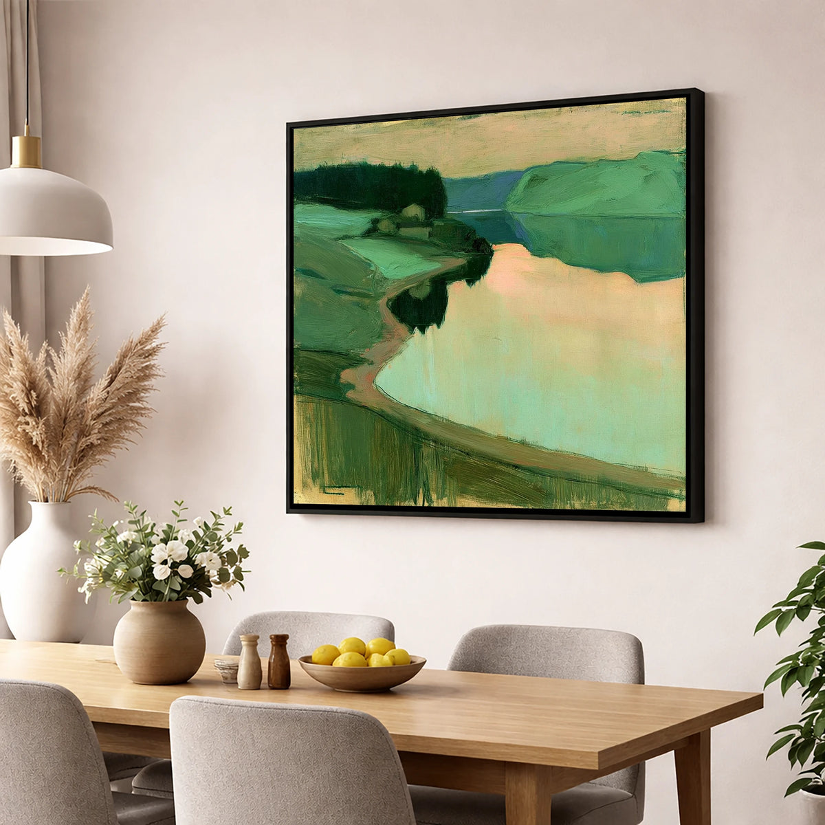 Still Lake at Peach Dawn lake district lake wall art displayed in a dining room
