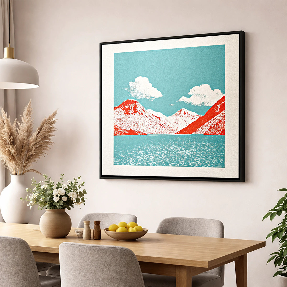 Wasdale Fells in Vivid Red lake district valley wall art displayed in a dining room