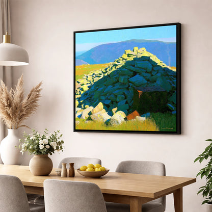 Sunlit Cairn on Grike Summit lake district fell wall art displayed in a dining room