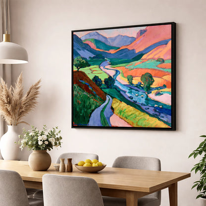 Meandering River Among Bold Fells lake district waterfall wall art displayed in a dining room