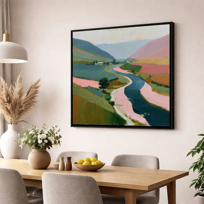 Winding River Valley in Pink lake district waterfall wall art displayed in a dining room
