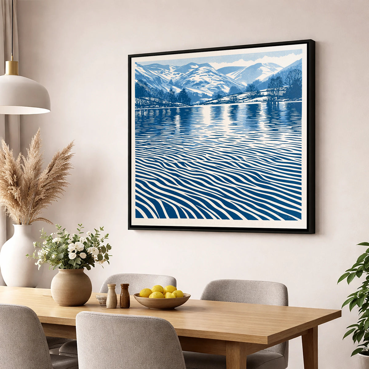 Rhythmic Blue Lake Reflections lake district lake wall art displayed in a dining room
