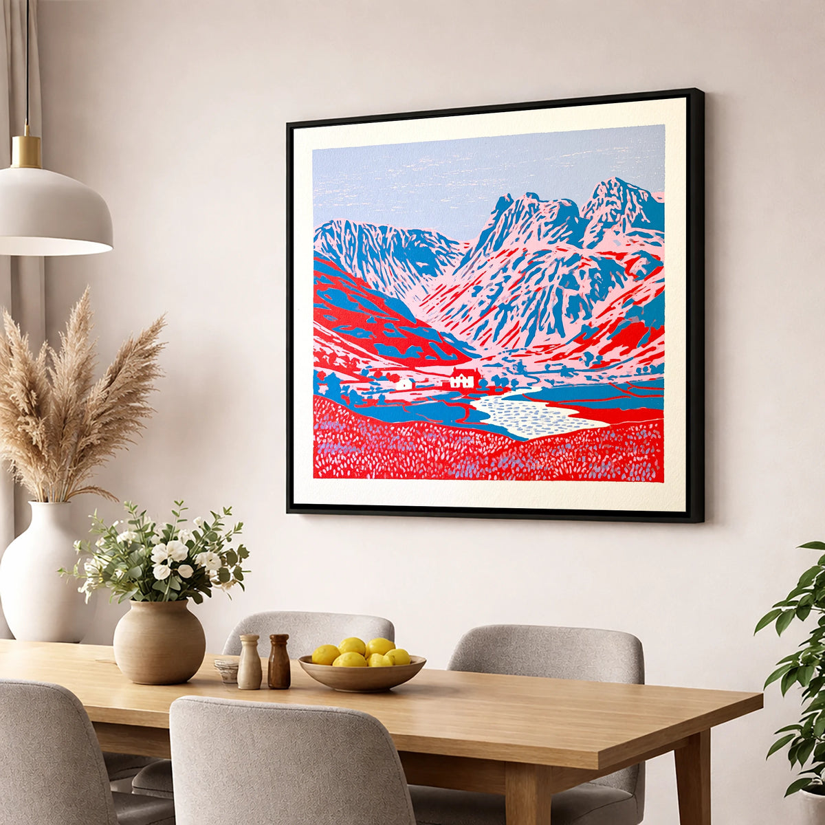 Vibrant Great Langdale Valley lake district valley wall art displayed in a dining room