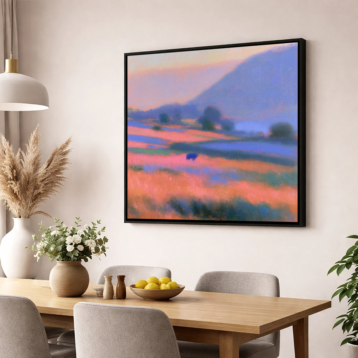 Pink Twilight in a Lakeland Dale lake district valley wall art displayed in a dining room