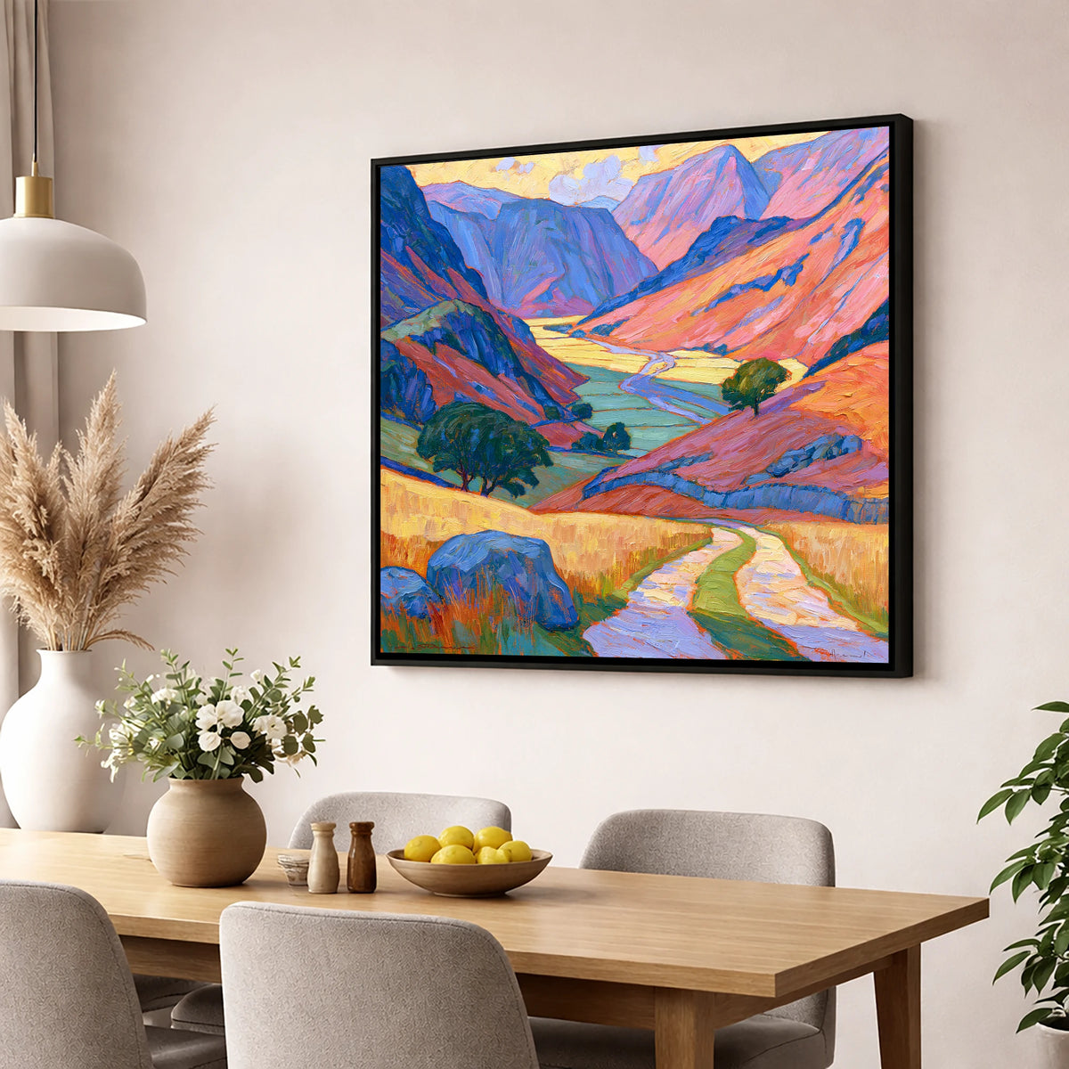 Vibrant Amber Light in the Fell Valley lake district valley wall art displayed in a dining room