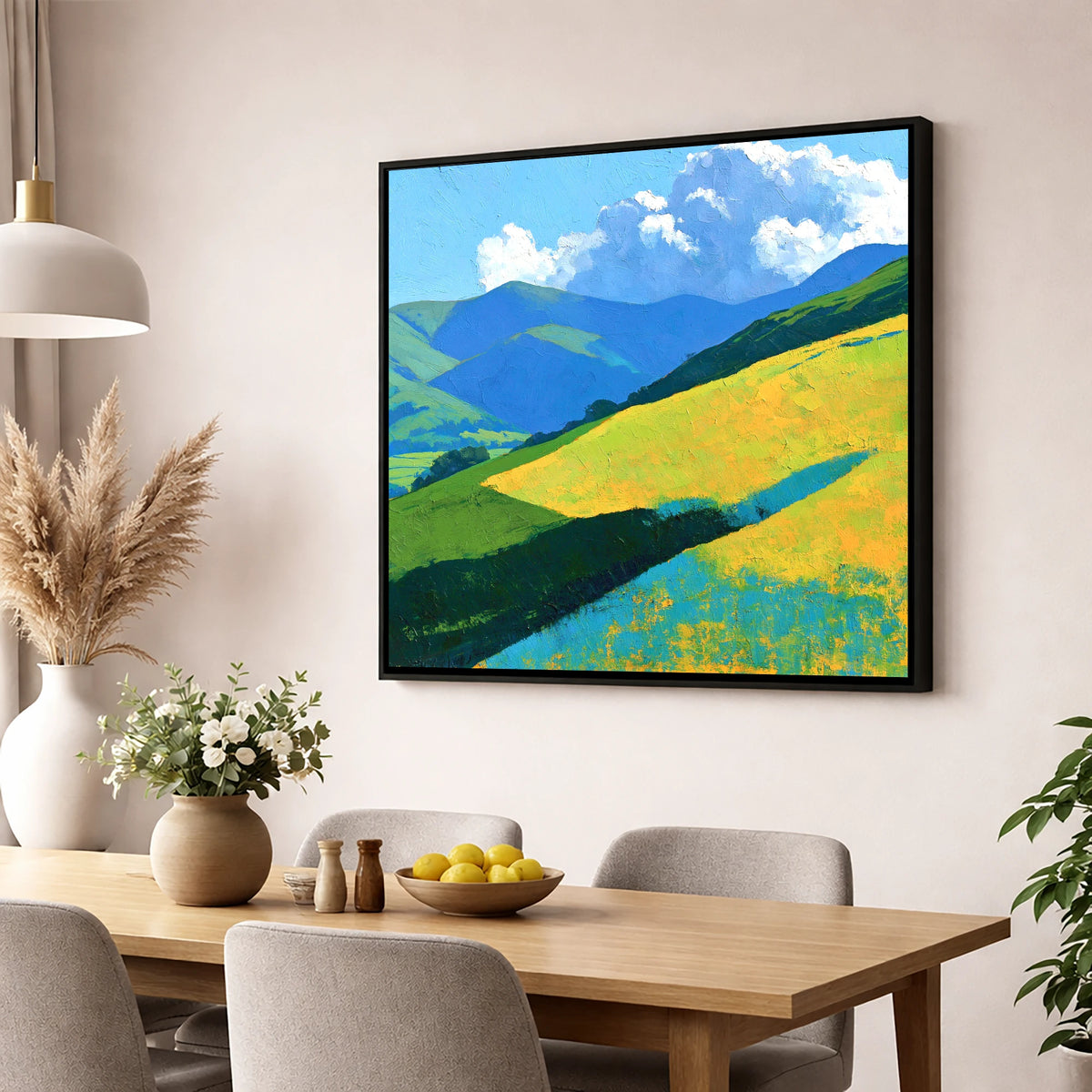 Sunlit Fells in Cerulean and Gold lake district fell wall art displayed in a dining room