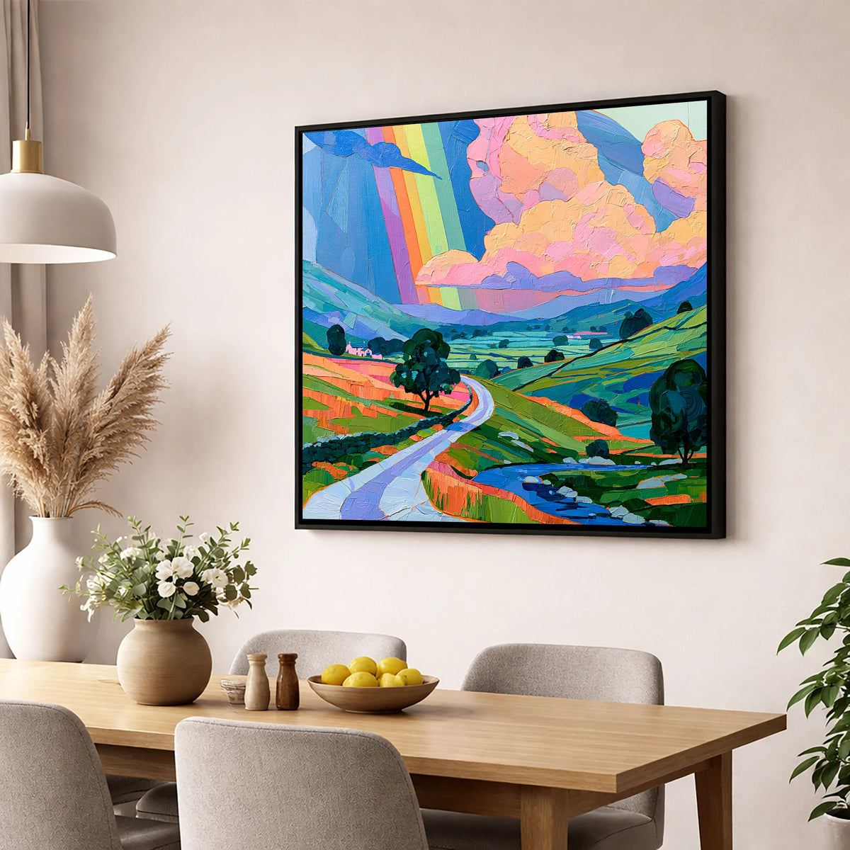 Vibrant Rainbow Over Lakeland Fells lake district sky wall art displayed in a dining room