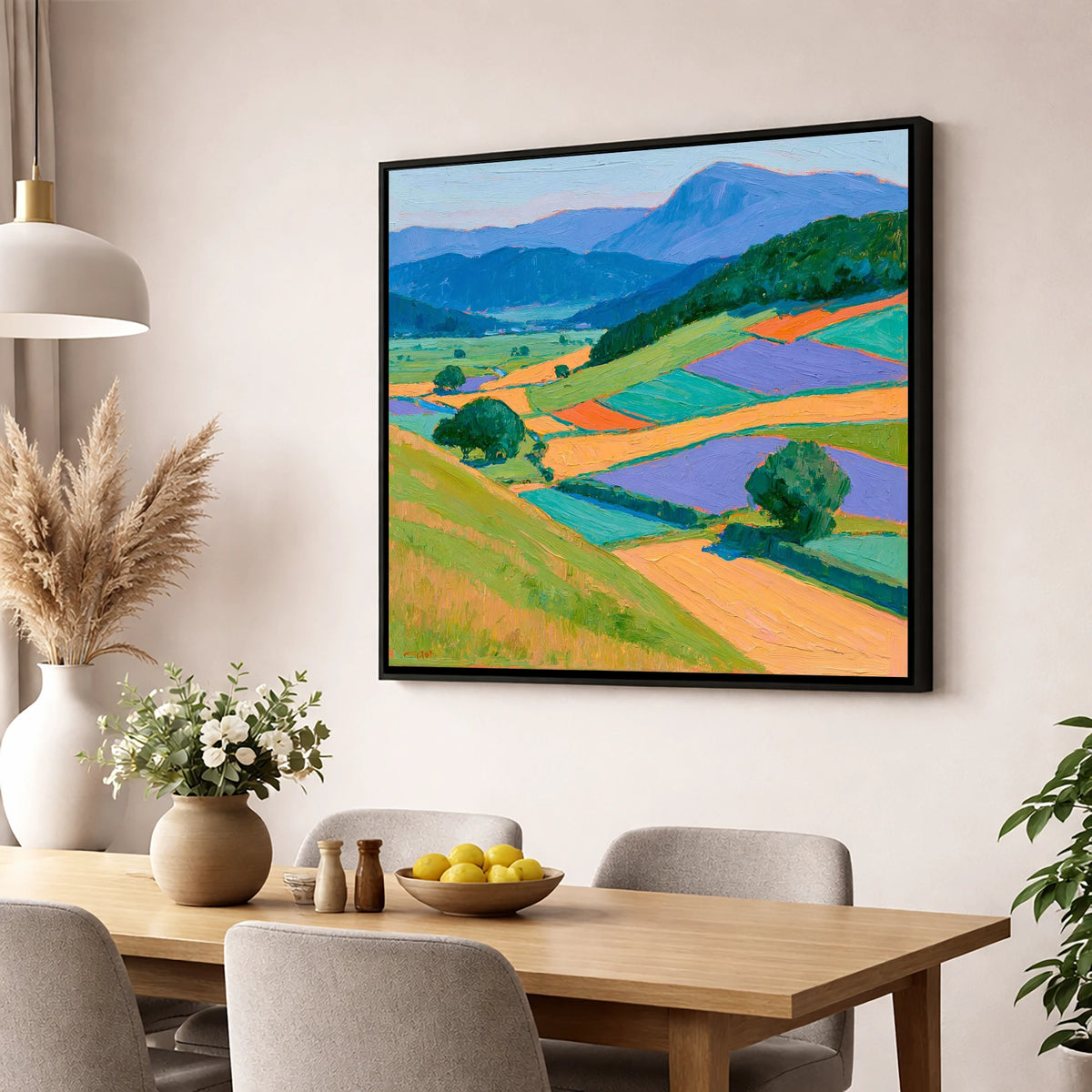 Violet And Ochre Dale Fields lake district valley wall art displayed in a dining room