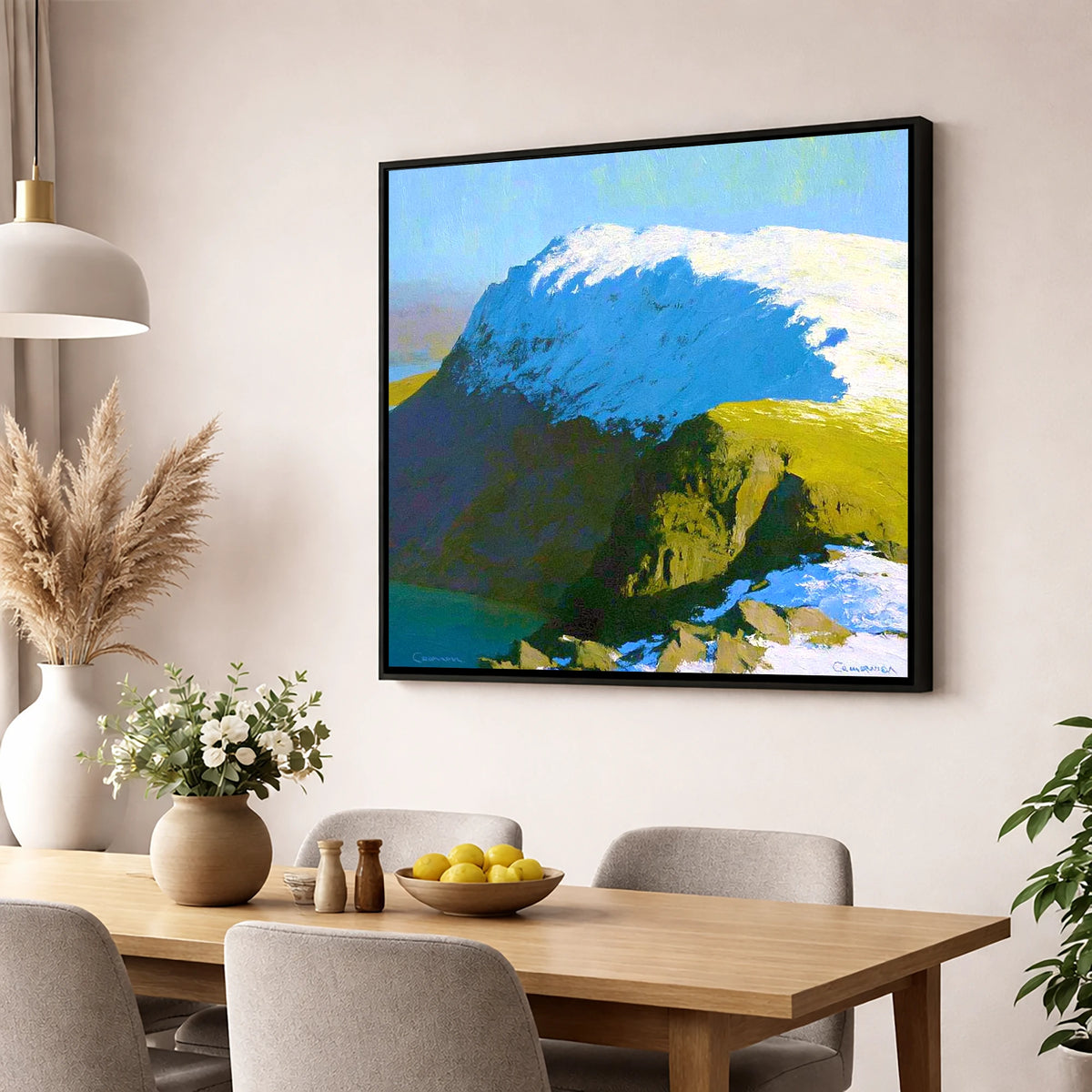 Snowy Ridge on Grey Friar lake district fell wall art displayed in a dining room