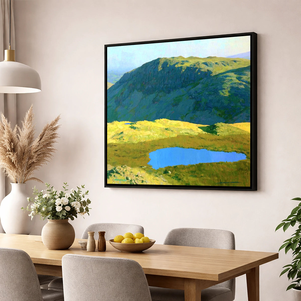 Vibrant Tarn Below Rosthwaite Fell lake district fell wall art displayed in a dining room