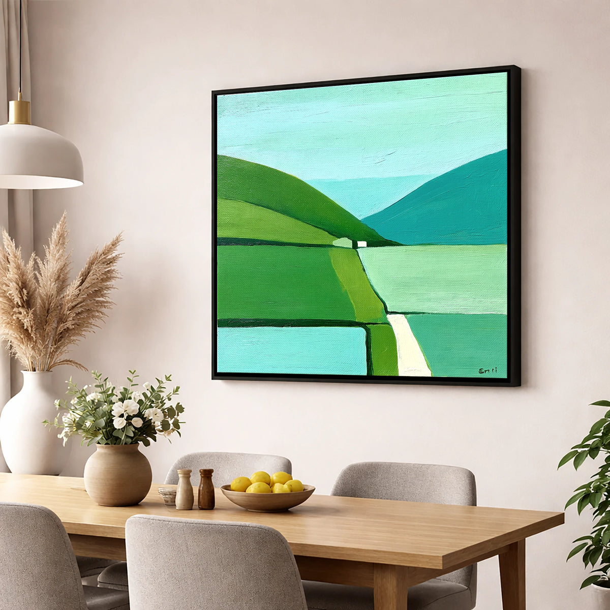 Geometric Green Valley Between Fells lake district valley wall art displayed in a dining room