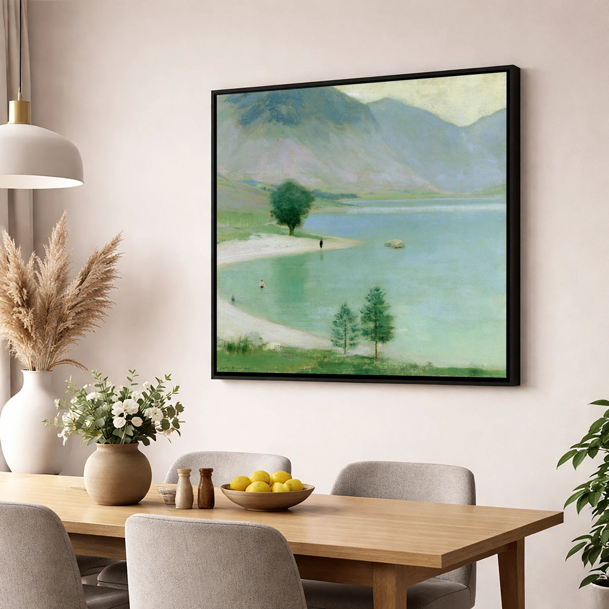 Wild Swimmers in Hazy Wastwater lake district walking wall art displayed in a dining room