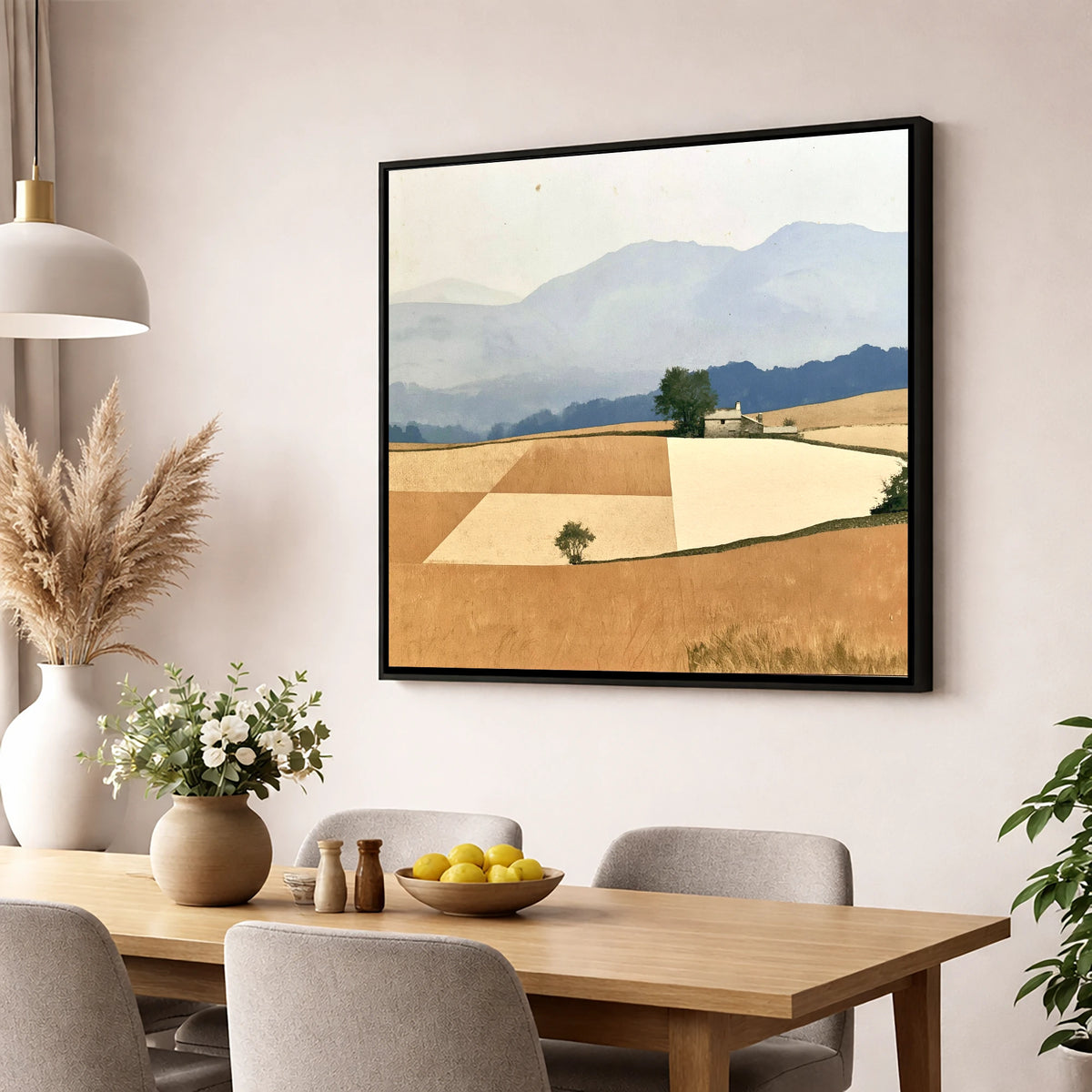 Stone Cottage in Harvest Gold Fells lake district valley wall art displayed in a dining room