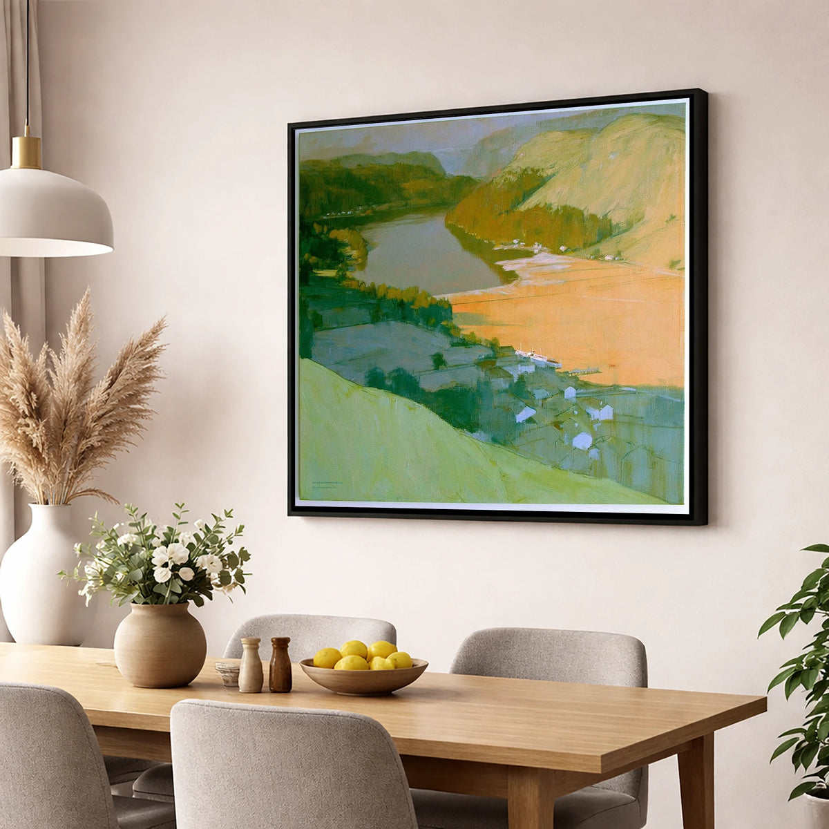 Glenridding and Ullswater Apricot Light lake district village wall art displayed in a dining room