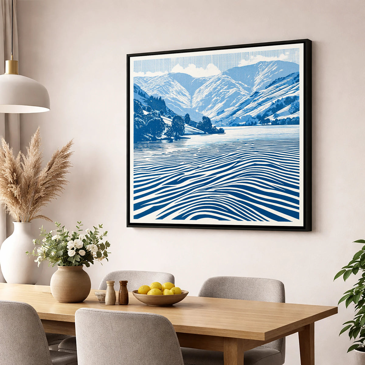 Cobalt Blue Ullswater Fells lake district lake wall art displayed in a dining room