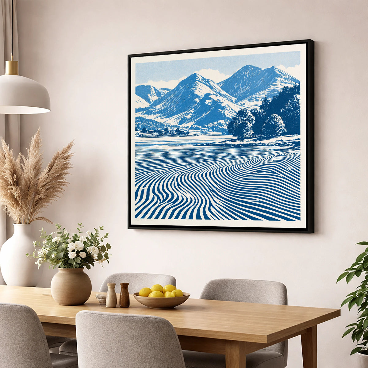 Ennerdale Water in Cobalt Blue lake district valley wall art displayed in a dining room