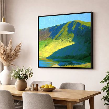 Sunlit Slopes of Lonscale Fell lake district fell wall art displayed in a dining room