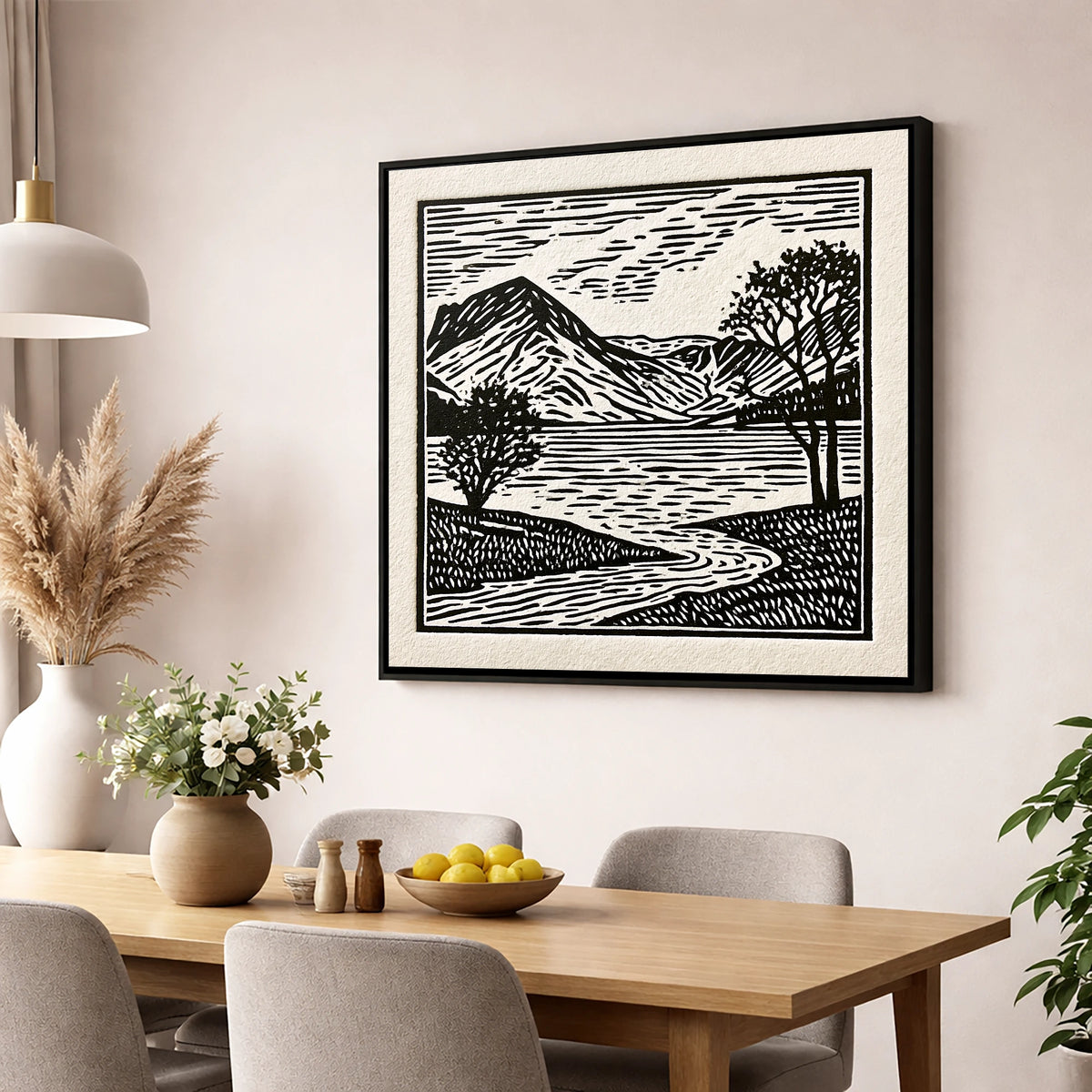 Graphic Monochrome Buttermere Fells lake district lake wall art displayed in a dining room