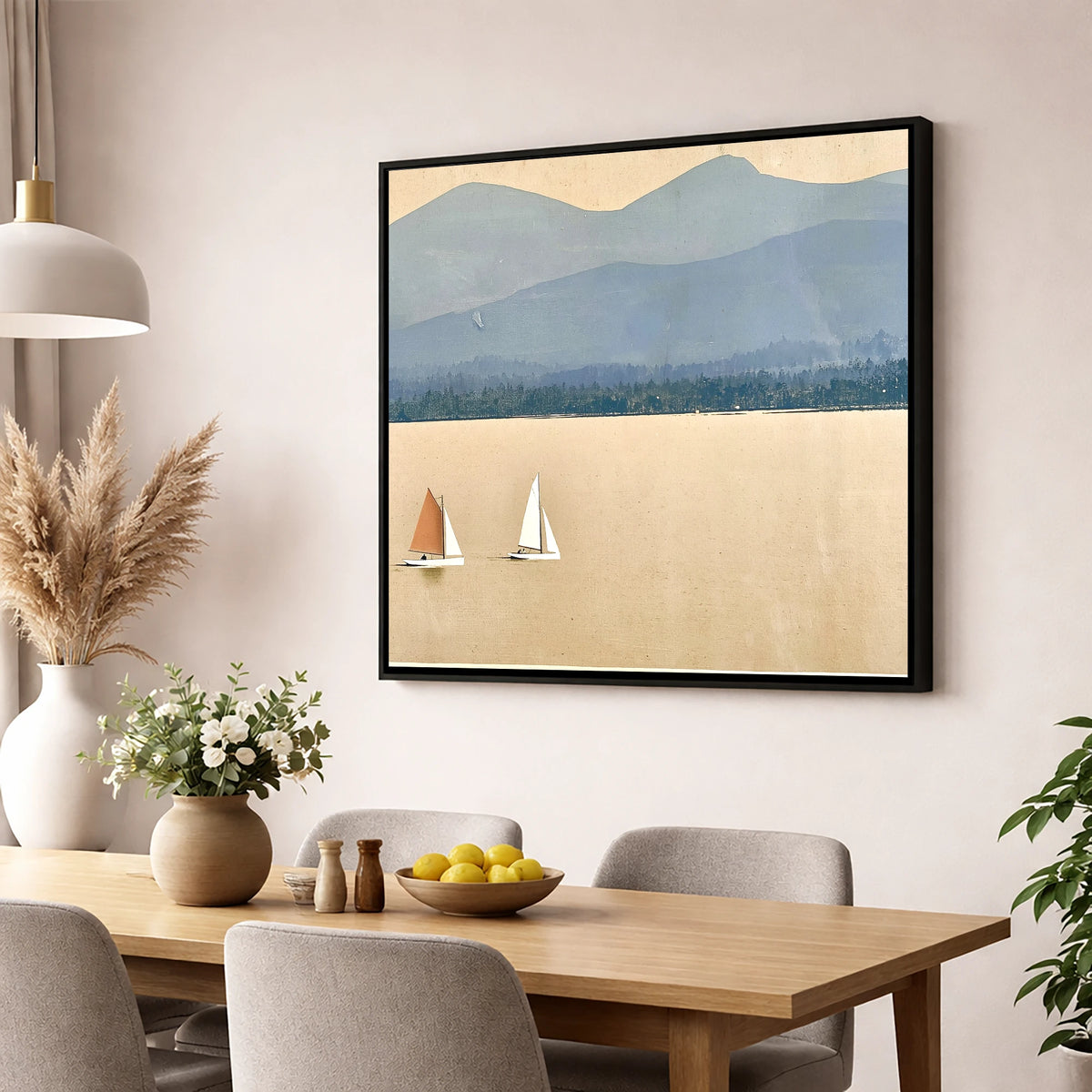Windermere Sailboats Beneath Slate Fells lake district lake wall art displayed in a dining room