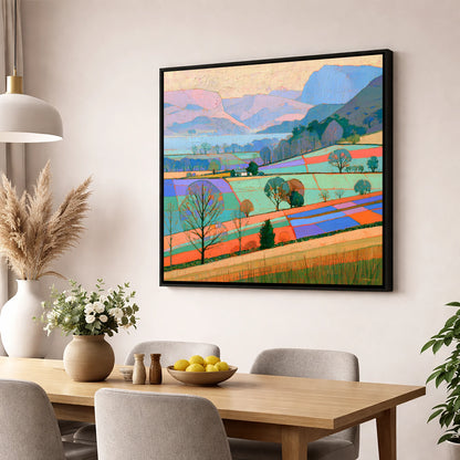 Bright Patchwork Valley Mist lake district sky wall art displayed in a dining room
