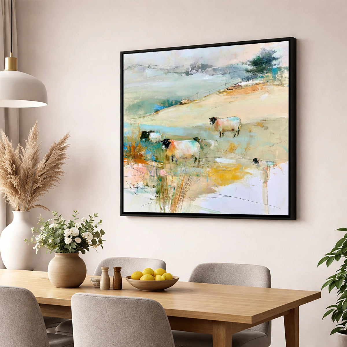 Contemporary Herdwick Sheep on Fellside lake district wildlife wall art displayed in a dining room