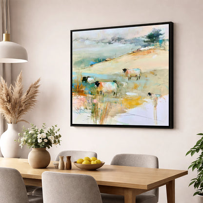Contemporary Herdwick Sheep on Fellside lake district wildlife wall art displayed in a dining room