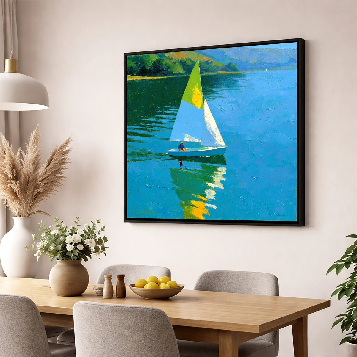 Blue Lake Sailing in Summer Light lake district walking wall art displayed in a dining room