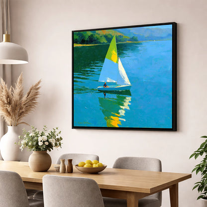 Blue Lake Sailing in Summer Light lake district walking wall art displayed in a dining room