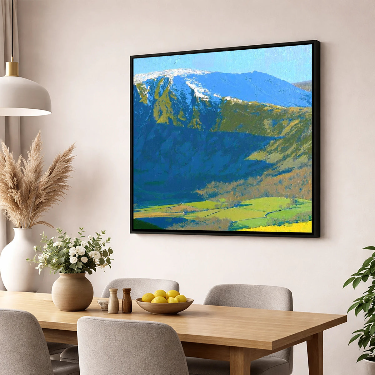Bleaberry Fell Snowy Crags lake district fell wall art displayed in a dining room
