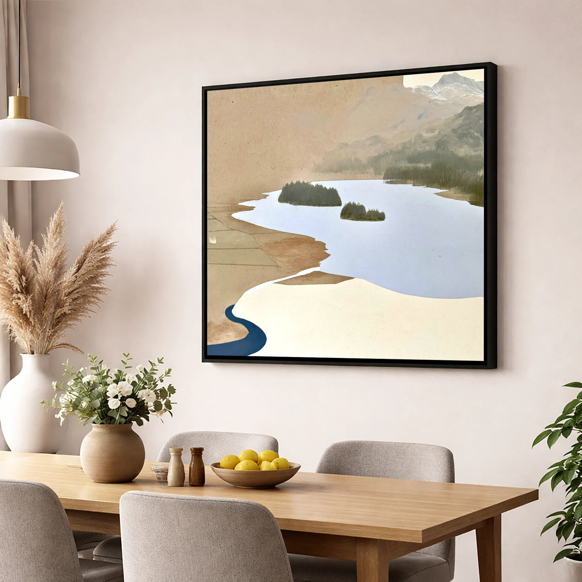 Aerial View over Elterwater lake district lake wall art displayed in a dining room
