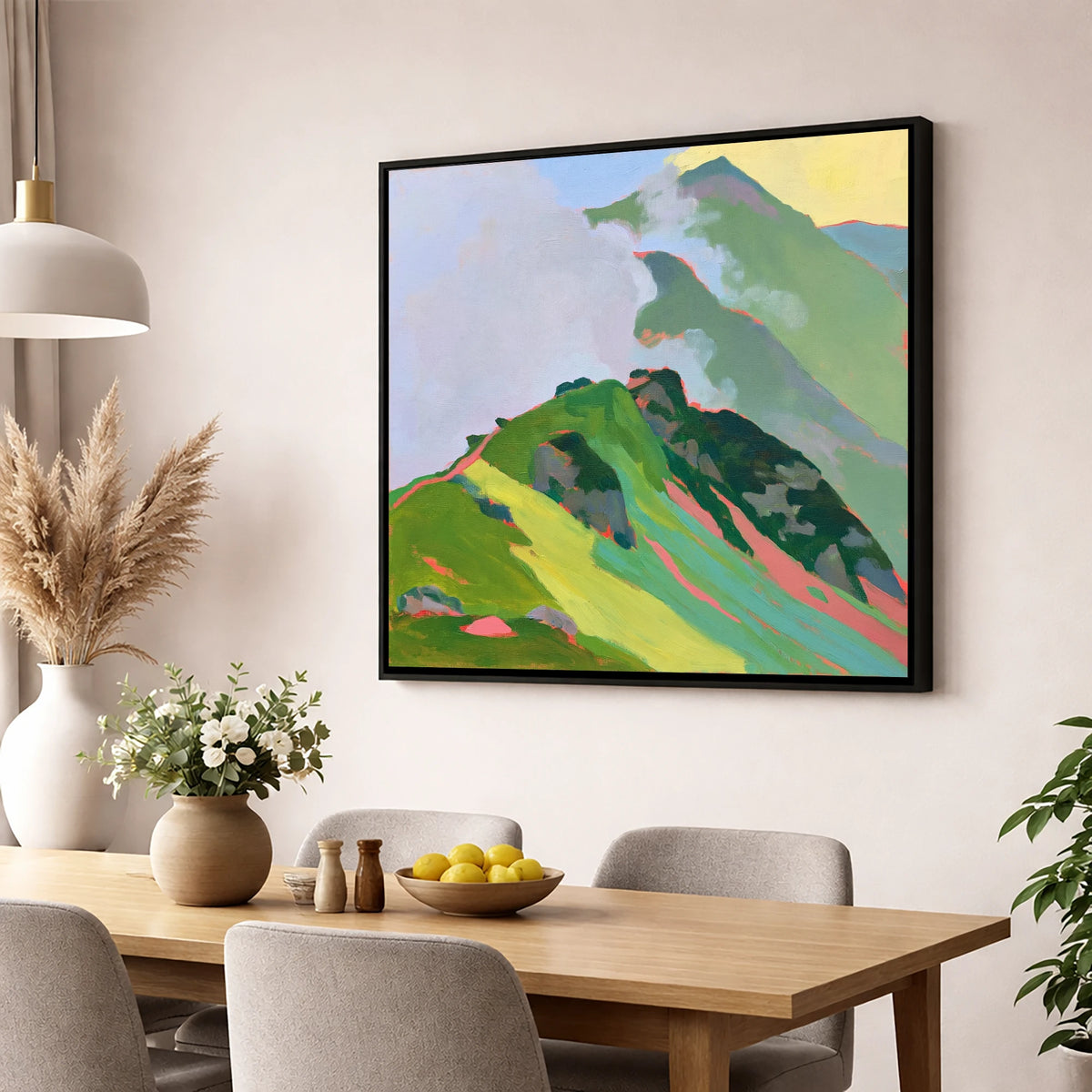 Vibrant Mountain Ridge in Mist lake district fell wall art displayed in a dining room