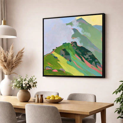 Vibrant Mountain Ridge in Mist lake district fell wall art displayed in a dining room