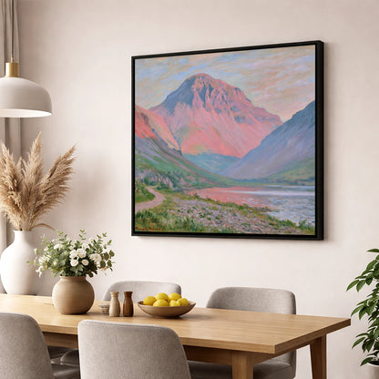 Pink Light Over Great Gable lake district fell wall art displayed in a dining room
