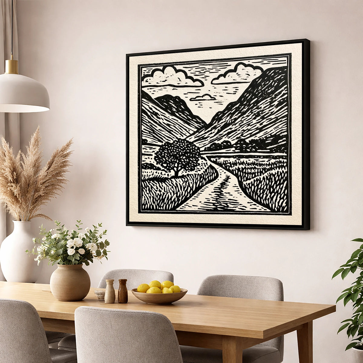 Monochrome Hardknott Pass Landscape lake district valley wall art displayed in a dining room