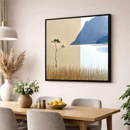 Minimalist Lone Tree at Buttermere lake district lake wall art displayed in a dining room