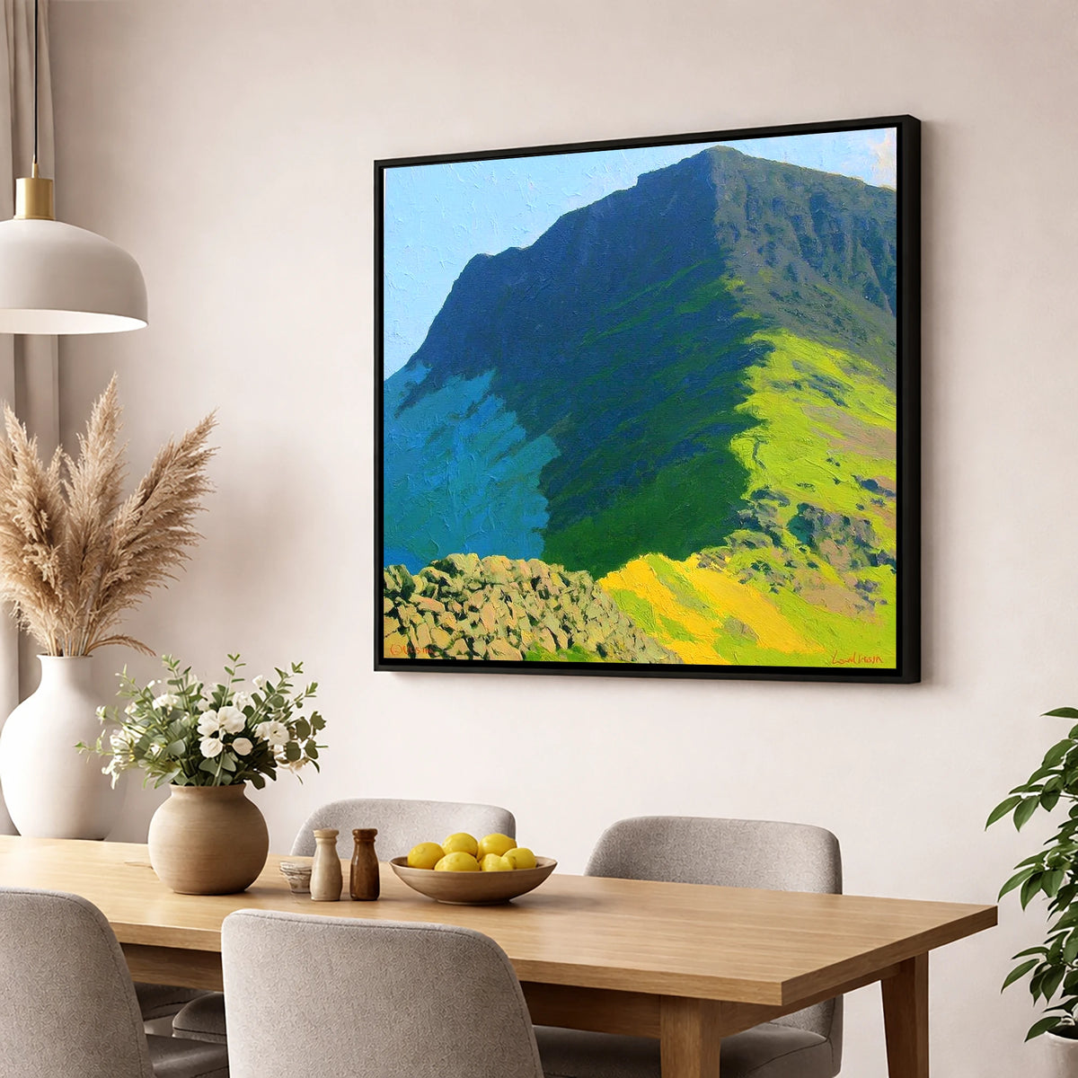 Blue Shadows on Haystacks Ridge lake district fell wall art displayed in a dining room