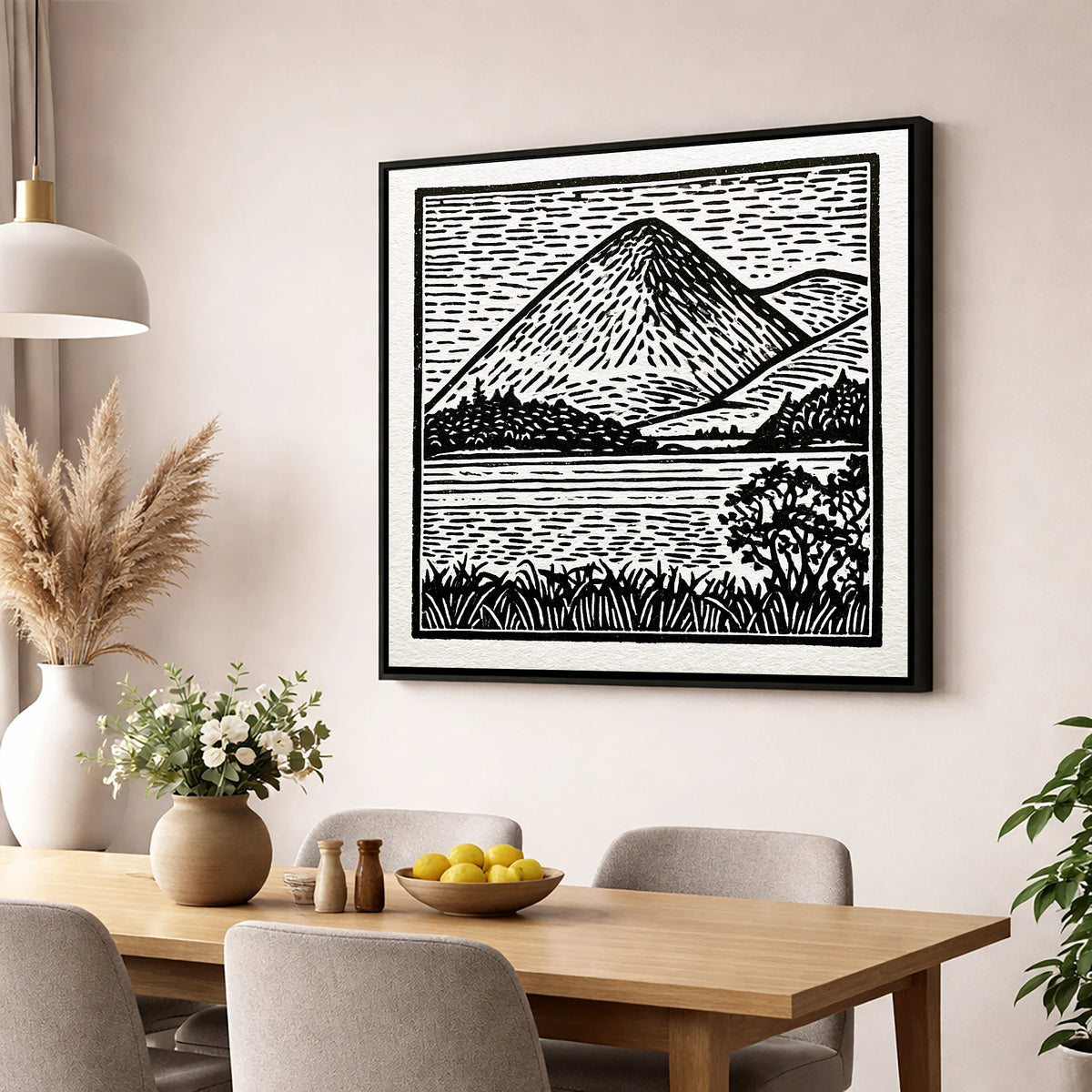 Bold Monochrome Catbells Peak lake district fell wall art displayed in a dining room