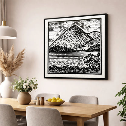 Bold Monochrome Catbells Peak lake district fell wall art displayed in a dining room