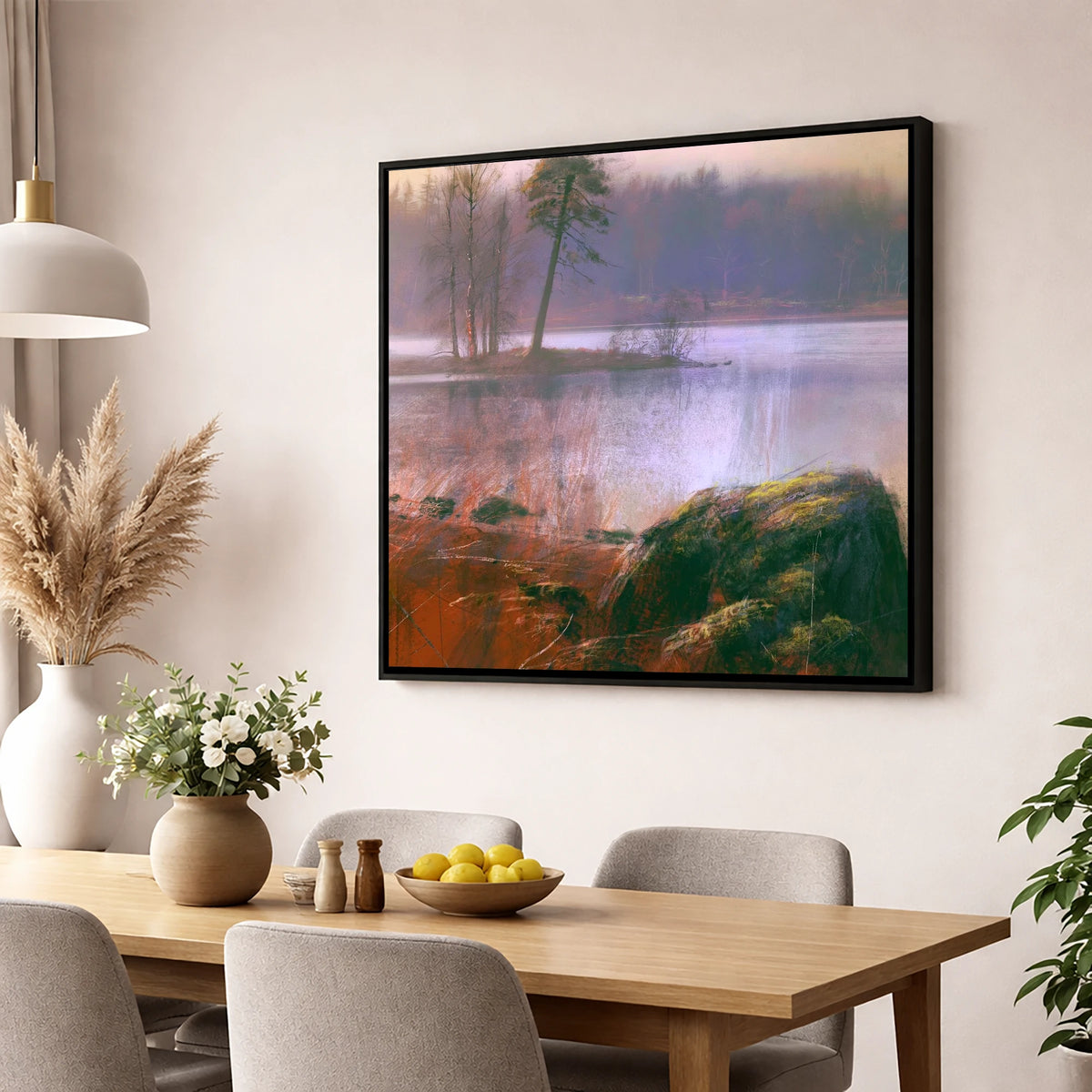 Tarn Hows Island Pine lake district lake wall art displayed in a dining room
